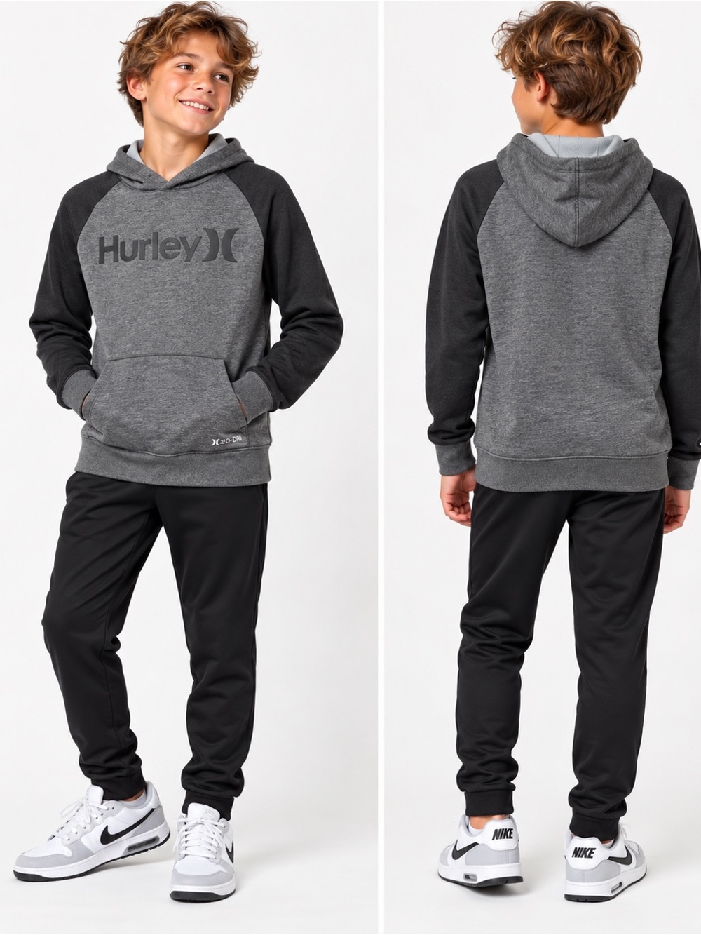 Hurley Dri-FIT Hoodie Youth M 10/12 Gray Black Logo Athletic Pullover